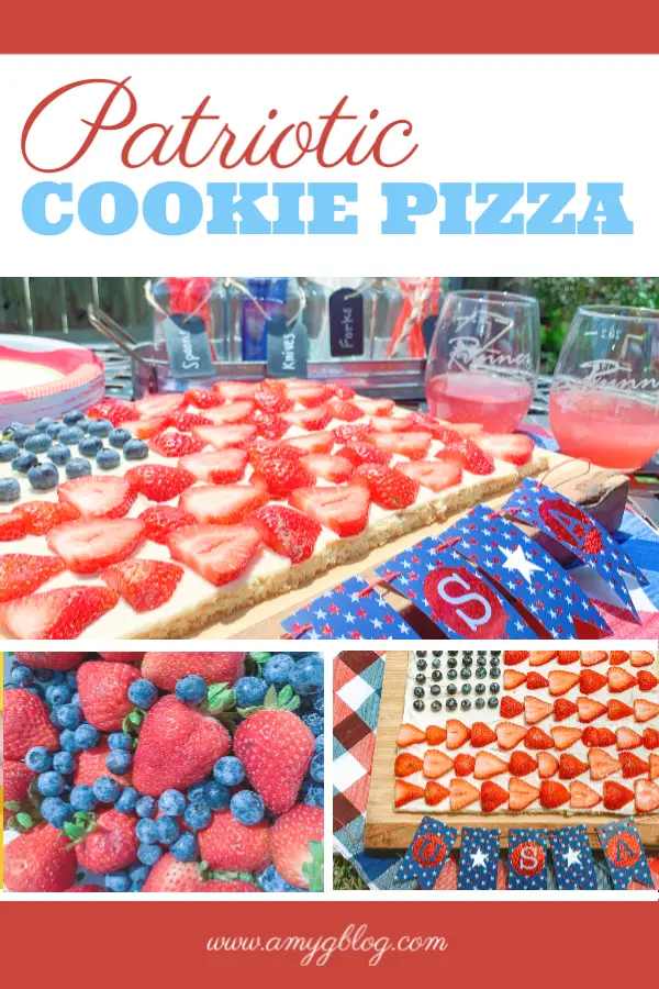 This patriotic cookie pizza is the perfect dessert for any summer gathering! The best part is that if you don't want it to be decorated like a flag, you can create any design you want with various different fruits! #4thofjulyrecipe #4thofjulydessert #patrioticdessert #summerdessert #dessertrecipe