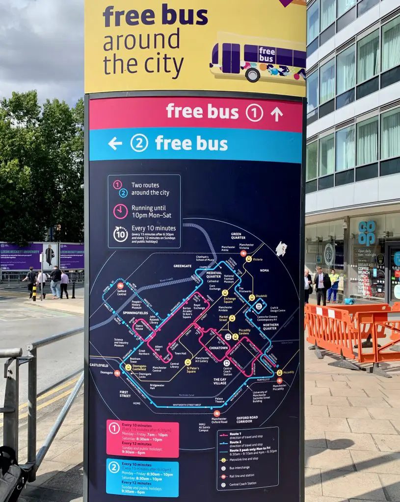 Manchester, England free city bus routes and schedule.