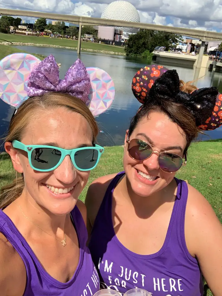 Enjoying tasty sips from Epcot Food and Wine Festival while our kids napped in the stroller.