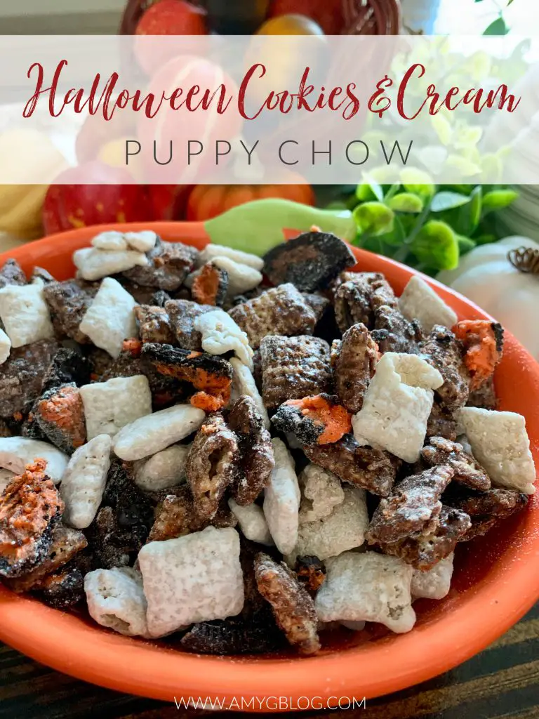 This cookies and cream puppy chow comes with a Halloween twist. Perfect for any Halloween gathering or to BOO your neighbors!