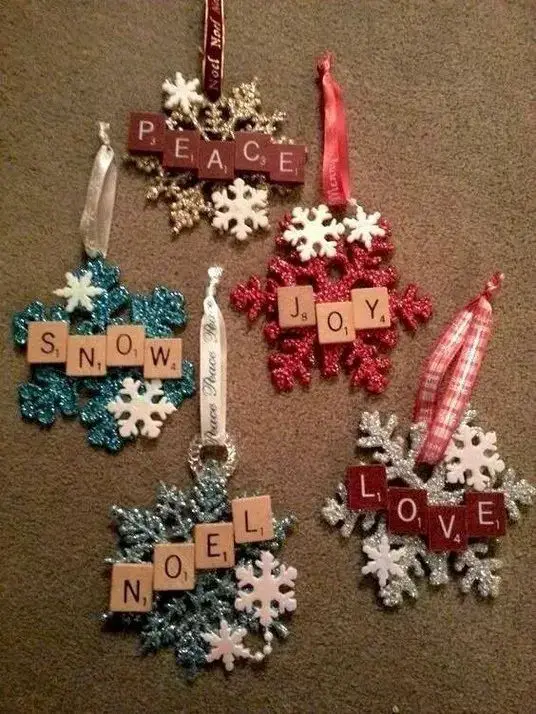 Snowflake ornaments using Scrabble tiles! DIY Christmas ornaments for children.