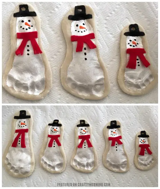 Snowman footprint salt dough Christmas ornaments! DIY Christmas ornaments for toddlers.