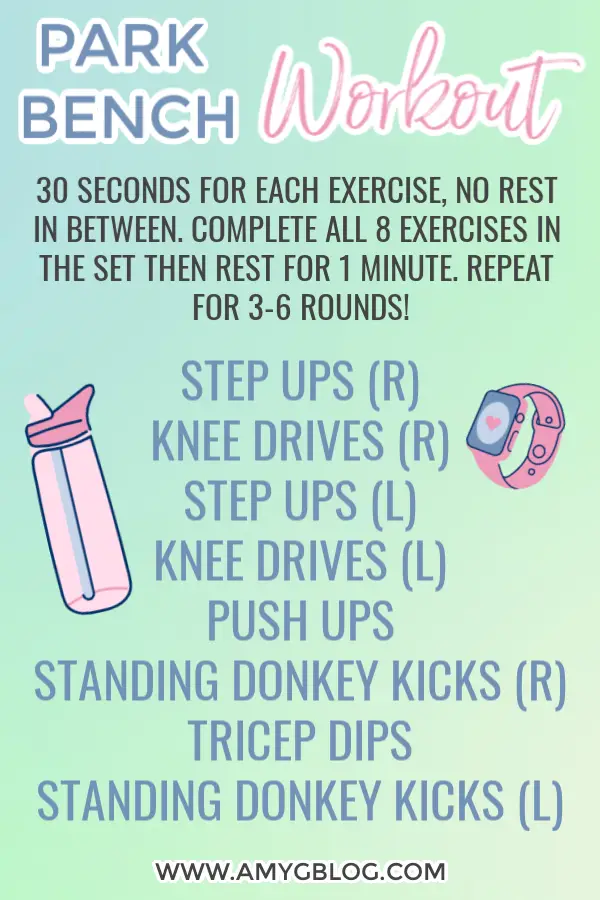 Try this park bench workout next time you take your kids to the park. Don't just let them burn off energy, you can too! Take a look inside this blog post for a video demo of all the moves along with other ways to squeeze a workout into your busy day! #parkbenchworkout #parkworkout #workoutanywhere #workoutwithkids #momfitness #momworkout