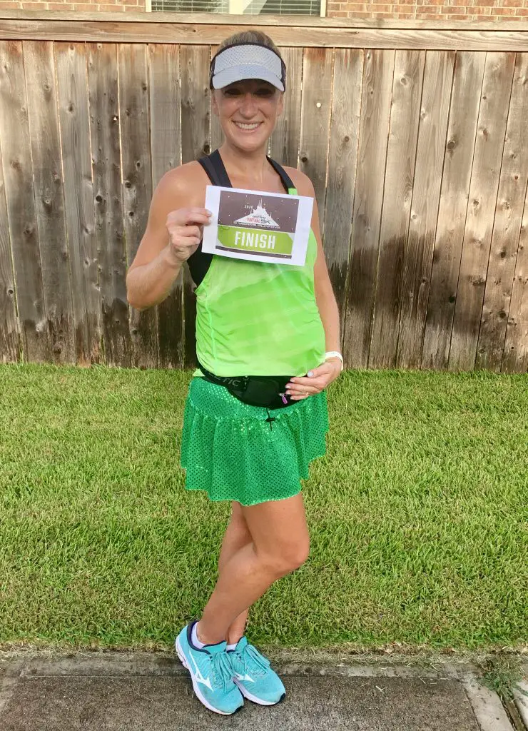 runDisney virtual 5K while 24 weeks pregnant with baby #3! For this Space Mountain themed 5K I dressed up as a green alien in my Nike top and Sparkle Athletic skirt!
