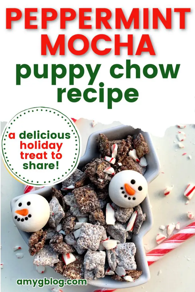This peppermint mocha puppy chow or muddy buddy recipe is the perfect addition to your winter treat list! The combination of chocolate, peppermint and coffee brings out the holiday cheer! #holidayrecipe #peppermintmocharecipe #holidaytreat