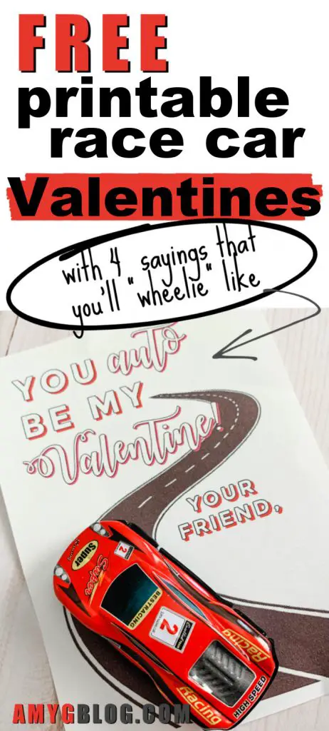 These race car Valentines are perfect for your kids to hand out at school! Get these free Valentines printables to go with any little car you choose! #valentinesday #racecarvalentines #kidsvalentines #valentinesprintable